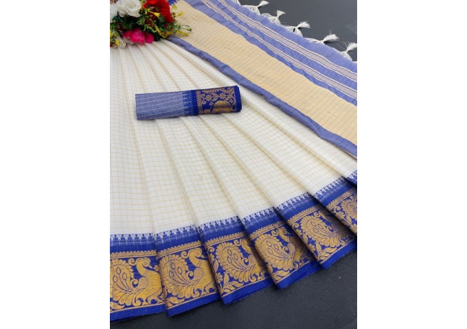 NP Checks Peacock Rich Cotton Silk Saree Blue