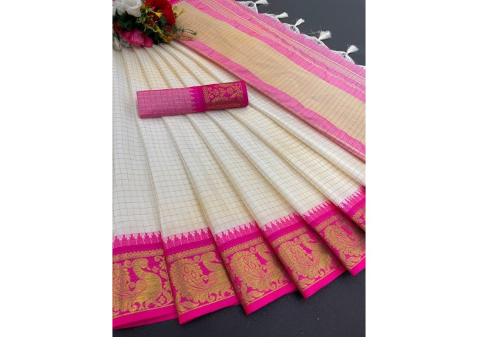 NP Checks Peacock Rich Cotton Silk Saree Pink