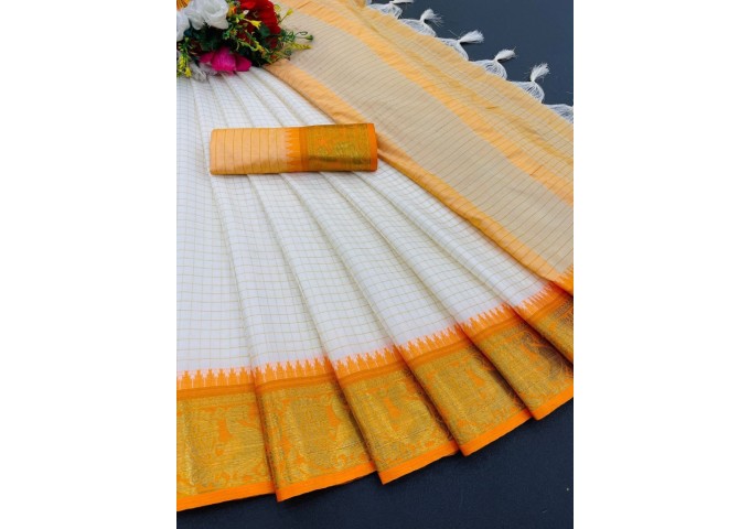 NP Checks Peacock Rich Cotton Silk Saree Orange