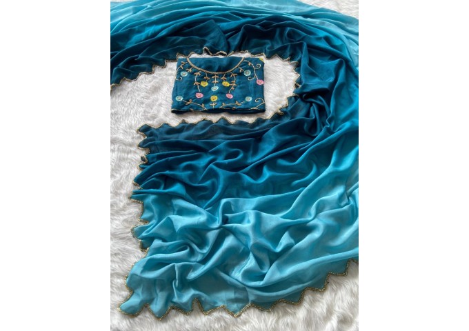 SOFT CHINON HANDWORK SAREE WITH RICH FLOWER  CUT DANA WORK SAREE SHINE BLUE