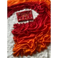 SOFT CHINON HANDWORK SAREE WITH RICH FLOWER  CUT DANA WORK SAREE SHINE RED