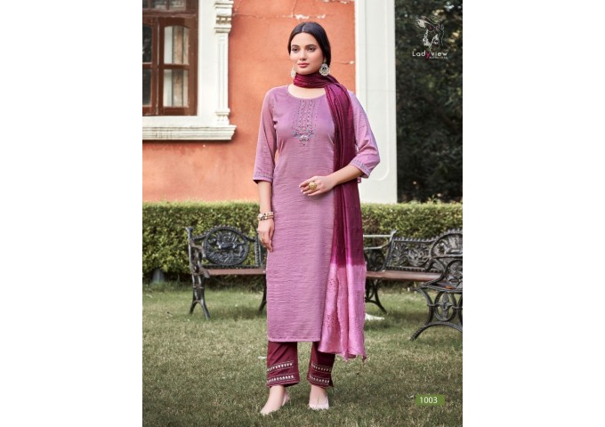 Ladyview Geet Viscose Silk With Stripe Kurti Pink