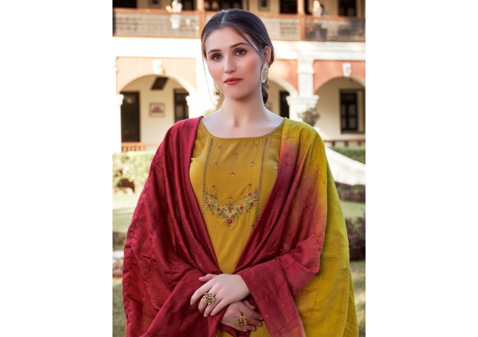 Ladyview Geet Viscose Silk With Stripe Kurti Dark Yellow