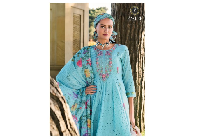 Premium Luxury Fancy Anarkali Print With Shifhli  Collection By  Kailee Fashion Meraki Sky Blue