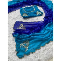 KASAB BUTTA BEADS AND SMOKI HAND WORK SAREE SKY BLUE