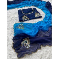 KASAB BUTTA BEADS AND SMOKI HAND WORK SAREE BLUE