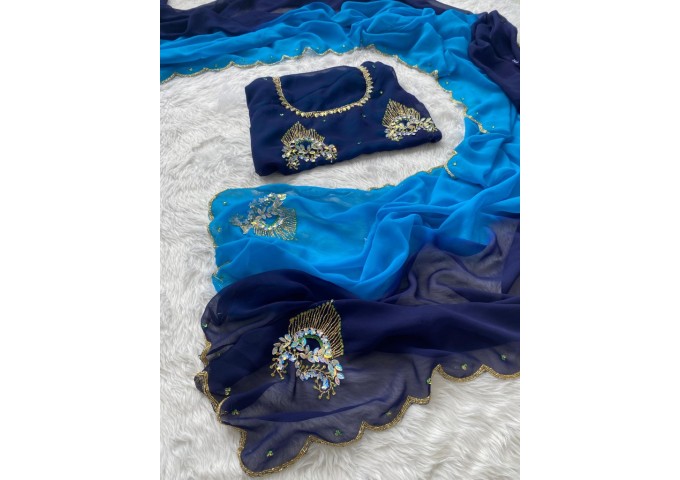 KASAB BUTTA BEADS AND SMOKI HAND WORK SAREE BLUE