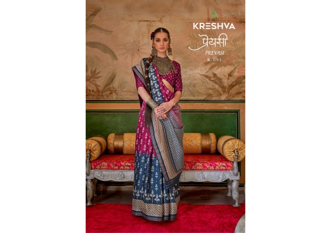 KRESHVA PREYASI MERCERIZER SIGMA SILK TRADITIONAL CLASSIC DESIGN SAREE BLUE|PINK