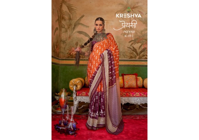 KRESHVA PREYASI MERCERIZER SIGMA SILK TRADITIONAL CLASSIC DESIGN SAREE ORANGE