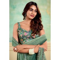 Stavan Nairobi Heavy Weightless With Embroidery Border Digital Blouse Saree Green 2