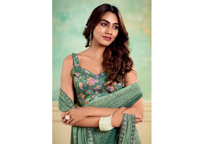 Stavan Nairobi Heavy Weightless With Embroidery Border Digital Blouse Saree Green 2