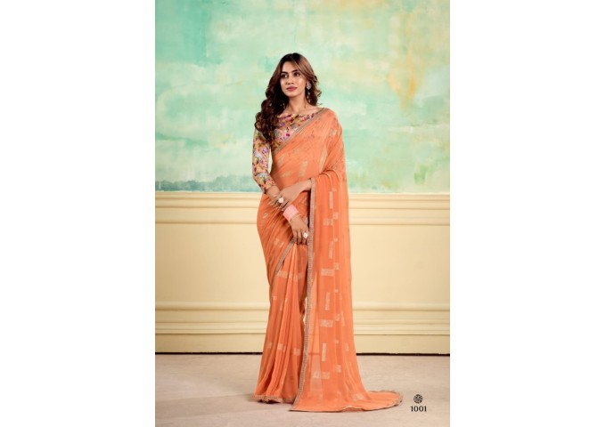 Stavan Nairobi Heavy Weightless With Embroidery Border Digital Blouse Saree Orange