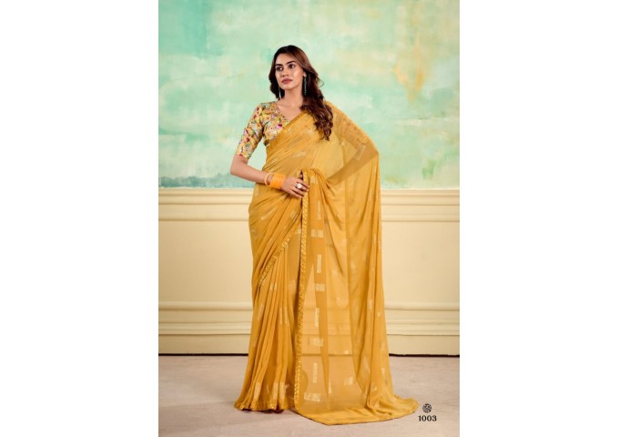 Stavan Nairobi Heavy Weightless With Embroidery Border Digital Blouse Saree Yellow