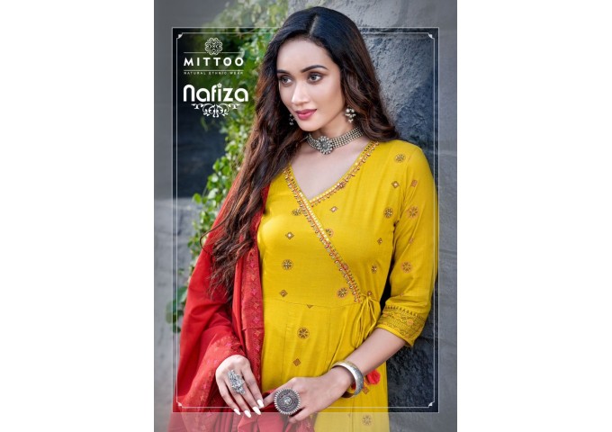 Mittoo Nafiza Rayon Slub Anarkali Suit Yellow