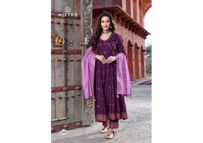 Mittoo Nafiza Rayon Slub Anarkali Suit Purple|Pink