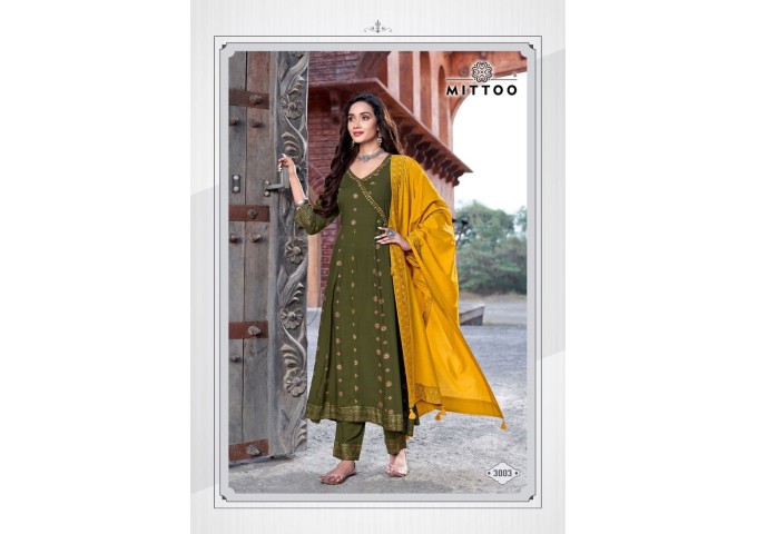 Mittoo Nafiza Rayon Slub Anarkali Suit Green|Yellow