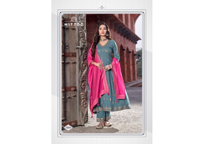 Mittoo Nafiza Rayon Slub Anarkali Suit Grey|Pink