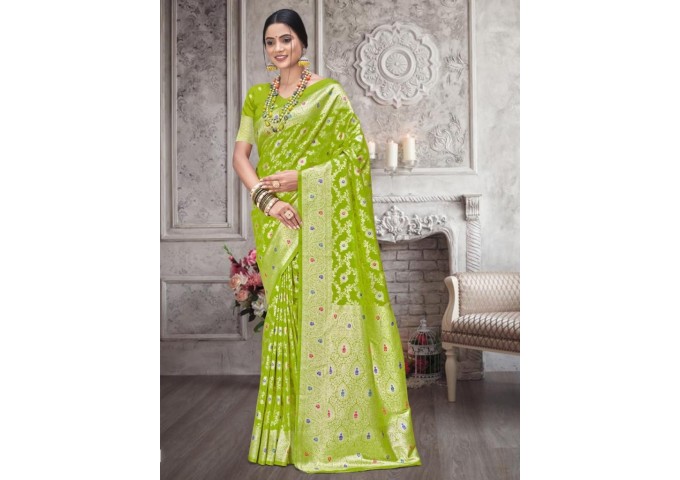 Bunawat Rajtilak Silk Saree Parrot Green