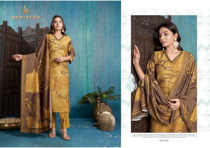 Sparkle Pure Viscose Silk Digital Print Suit Golden