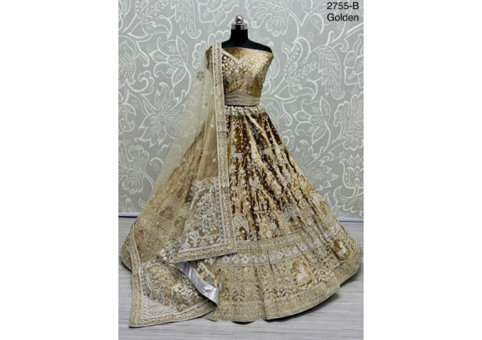 Beautiful Box Pallu Dupatta combine Golden Bridal Velvet Lehenga Choli 