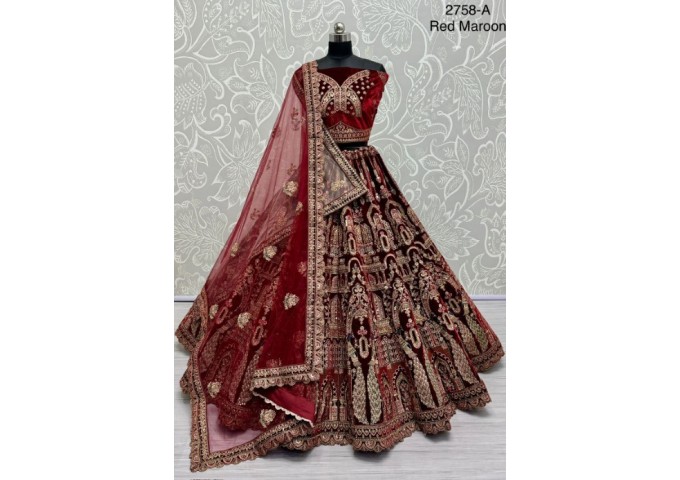 Spectacular Full Flared Lehenga choli  with Double dupatta  Bridal Velvet Lehenga Choli Red Maroon