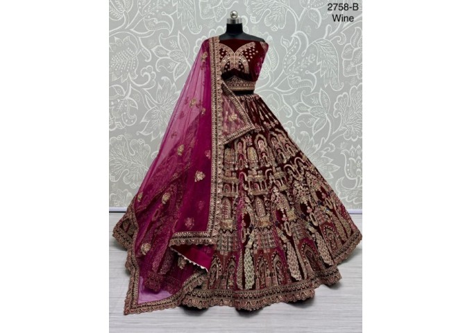 Spectacular Full Flared Lehenga choli  with Double dupatta  Bridal Velvet Lehenga Choli Wine