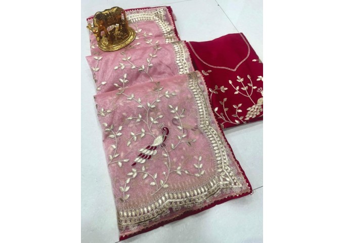 Amba Trending Tissue Silk Jaipur Work Saree Pink