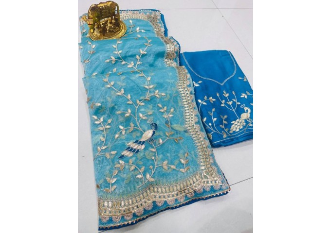 Amba Trending Tissue Silk Jaipur Work Saree Sky Blue