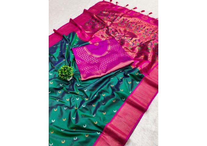 Chandrakore Paithani Soft Pethani Silk Saree  Red|Green