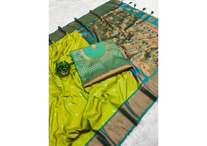 Chandrakore Paithani Soft Pethani Silk Saree  Green