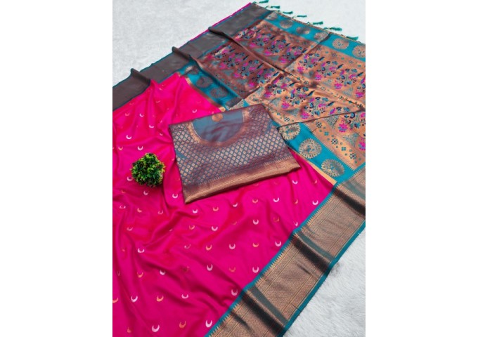 Chandrakore Paithani Soft Pethani Silk Saree  Queen Pink