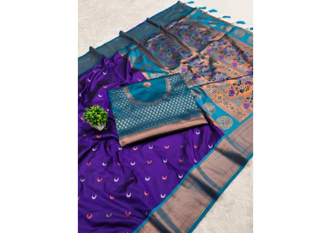 Chandrakore Paithani Soft Pethani Silk Saree Navy Blue