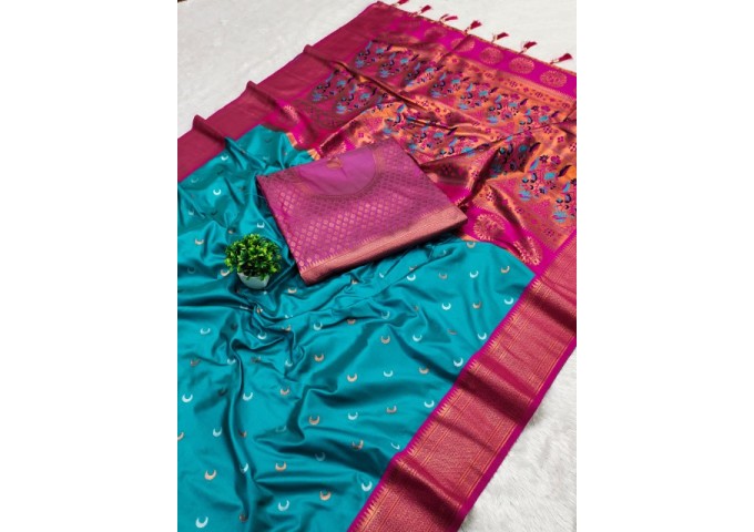 Chandrakore Paithani Soft Pethani Silk Saree Shine Blue