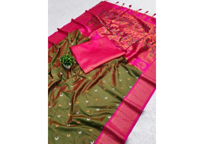 Chandrakore Paithani Soft Pethani Silk Saree  Pink|Mehndi Green