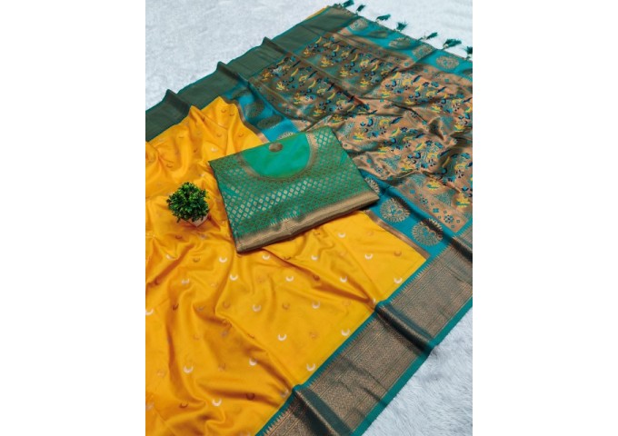 Chandrakore Paithani Soft Pethani Silk Saree Yellow