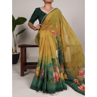 Chic With Floral Print With Pearl Lace Border Georgette Saree Off Yellow