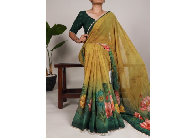 Chic With Floral Print With Pearl Lace Border Georgette Saree Off Yellow