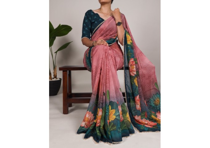 Chic With Floral Print With Pearl Lace Border Georgette Saree Pink