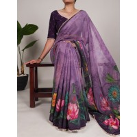 Chic With Floral Print With Pearl Lace Border Georgette Saree Purple