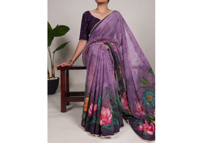 Chic With Floral Print With Pearl Lace Border Georgette Saree Purple