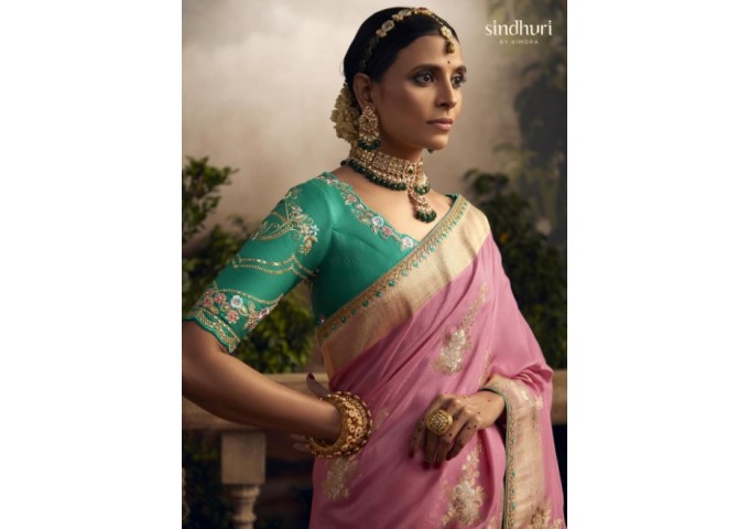 Kimora Radha Rani Pure Dola Silk with Fancy Based Fabric Saree Pink