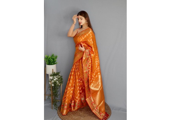 Soft Kanjivaram Silk Saree With Zari Weaving Orange